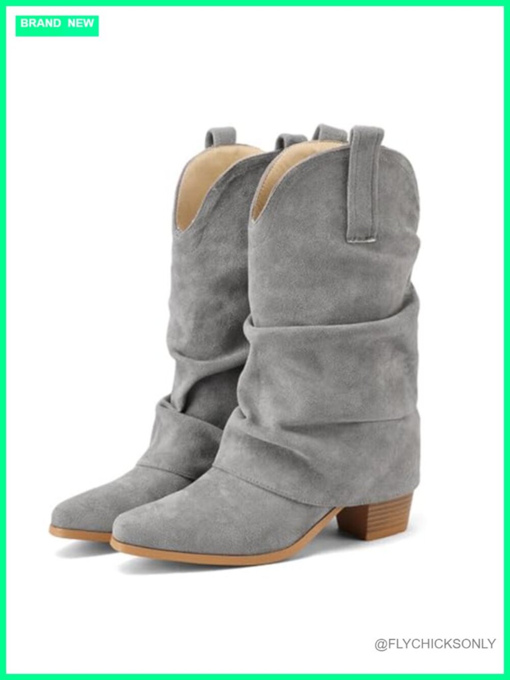 Faux Suede Slouchy Mid Calf Western Boots Chunky Block Heel